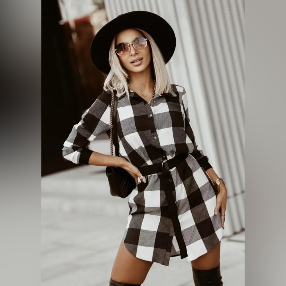 Anthropologie The Odells Linen Trapeze Shirtdress Black Windowpane Plaid - XS